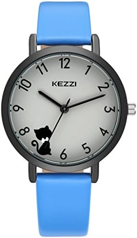 Leather Watch Women Blue Band Quartz Watches with Cute Cat Dial Easy Read Waterproof Fashion Sports Wristwatches Great Gift to Friends