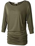 Lanmo Womens Dolman Sleeves Drape Tops Solid Side Shirring Jersey Tee(M, Army Green)