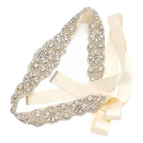 Yanstar Handmade Crystal Beads Rhinestone Bridal Wedding Belt Sash With Cream Ivory Ribbon For Bridal Wedding PartyGowns Dress