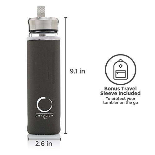 Pure Zen Tea Tumbler with Infuser - Double Wall Glass Travel Mug with Stainless Steel Filter - Leakproof Tea Infuser Bottle for Loose Leaf Infusions and Fruit Infused Water - Unique Gift Set - 13 oz
