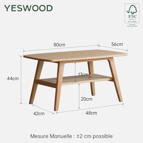 YESWOOD Solid Oak Coffee Table, Living Room Table with Storage 2 Levels, Solid Wood Coffee Table Ideal for Living Room, 80 x 50 x 44 cm, Natural Oak