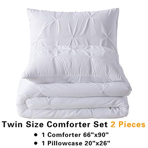 Andency White Pinch Pleat Comforter Twin(66x90Inch), 2 Pieces(1 Pintuck Comforter, 1 Pillowcase