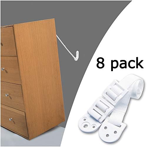 Kiddo House Anchors for Baby Proofing-8 Pack-Anti Tip Kit Protect Children From Falling - Adjustable Straps - For Dressers, Tv, Bookshelves And Other Furniture, White