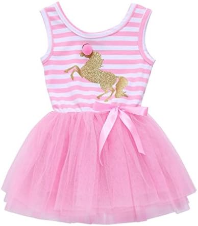 Jarsh Kids Baby Girls Little Horse Pattern Print Sleeveless Bow Princess Dress Stripe Tutu Skirt (2T(1-2Years Old))