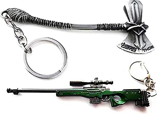 MASHKI Marvel Superhero AXE & PUBG GREEN AWM Gun Keyechain Combo Thor Pubg Sniper Key Ring Key Chain