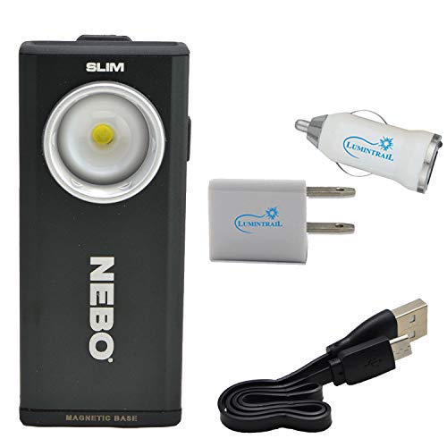 NEBO Slim LED Rechargeable Pocket Light Flashlight 500 Lumen Bundle with Lumintrail USB Car and Wall Adaptors (Black)