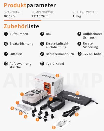 BAVIZZN 22PSI Elektrische Sup pumpe Mit Akku 12VDC Stand Up Paddle Pumpe Elektrisch Akku 59.2WH Typ-C-Anschluss Inflator & Deflator für Paddle-Board,Boot,Kayaks,Wassersport