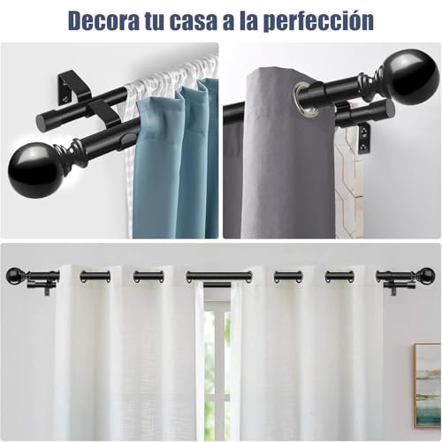 Barras de cortina dobles negras, Barras de cortina dobles resistentes de acero inoxidable, juego de barra de cortina doble ajustable, para Salón, Dormitorio y Balcón (0.7-3.65M（28-144‘’）)