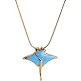 WOLONGFUHU Stingray Pendant Necklace Opal Manta Ray Snake Necklaces Stainless Steel Stingray Herringbone Chain Necklace for Women Men Summer Beach Mobula Jewelry