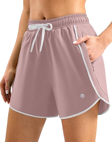 G Gradual Women's 5" Swim Shorts Zipper Pockets Quick Dry Board Shorts Bathing Suit Bottom with Liner Running Athletic Shorts, Pink, Large at Amazon