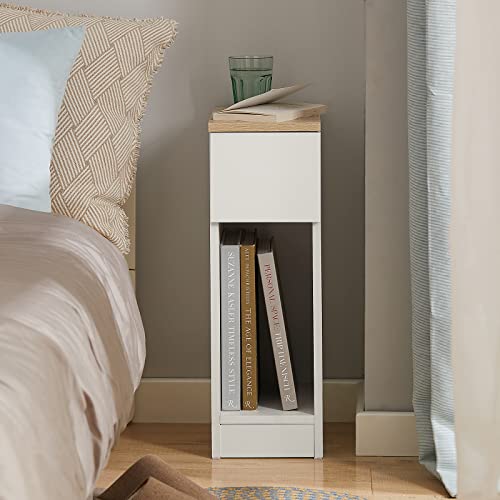 SoBuy Set of 2 Bedside Tables, Modern Nightstand with Drawer, Slim Side Table for Bedroom and Living Room, Compact Small End Table with Storage, White & Natural, FBT111-WNx2