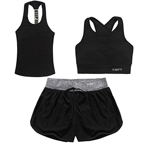 Women Yoga Fitness Gym Sports Athletic Wear Running Clothes 3 Piece Sports Sets(Include Sports Bra T-shirt Sports Shorts) Workout Athletic Suit Set (Medium, Black)