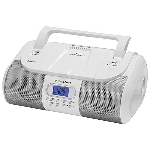 HANNLOMAX HX-318CD Portable CD/MP3/USB Boombox, FM Radio, Bluetooth, 1 USB Port for MP3 Playback, 1 USB Port for Charging, Aux-in Jack, Headphone Jack (White)