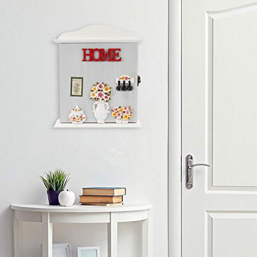Wall Mounted Key Box Faux Wood Key Holder Key Storage Box Cabinet Hooks Rack Organizer with 10 Hangers for Home Decor with 6 Hanger for Home Decor