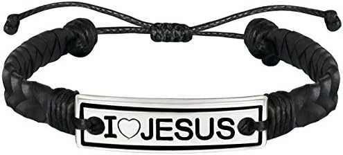 Braided Leather Bracelet With Love/Jesus/Friend/Achieve Inspirational Text on Metal Tag - For Boys, Girls, Men, Women (I ♡ Jesus)