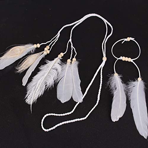 Set of 2 Girls Women Lady Bohemian White Peacock Feather Headband Headdress and Armband Hippie Headpiece Headwear Handmade Tribal Indian Fascinator Feather Hairband Wedding Accessories - Thumbnail 4