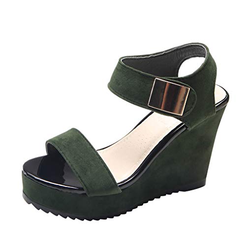 Mysky Women Summer Fashion Classic Pure Color Peep Toe Thick Platforms Wedge Sandals Green