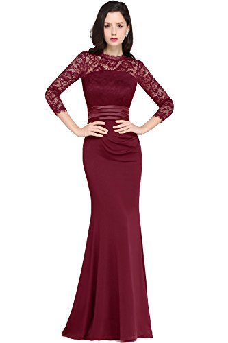 Babyonlinedress 3/4 Sleeve Spandex Lace Mermaid Prom dresses,Burgundy,12