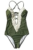 Joy&Bella Solid Lace Crochet Deep V neck One Piece Swimsuit with Back Cutout Bikini Set Swimwear Monokini, Olive Green (L (US 12-14))