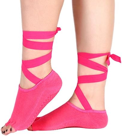 KingBig Women's Ballet Socks, Non Slip Toeless Grip Socks with Strap for Barre Pilates Yoga Sports Exercise (Rose Red)