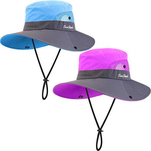 Geyoga 2 Pack Sun UV Protection Hat Mesh Wide Brim Sun Hat Outdoor Foldable Beach Hiking Fishing Summer Hat 56-58 cm (Purple and Blue)