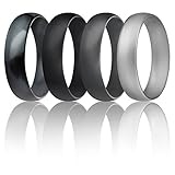 Silicone Wedding Ring For Men By ROQ, Set of 4 Affordable Comfort Fit 6mm Manly Metallic Silicone Rubber Wedding Bands - Silver, Black, Grey, Black Camo - Size 12