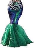 Rachel Charm Women's Mermaid Costume Lingerie Halloween Cosplay Fancy Sequins Long Tail Dress with Asymmetric Mesh Panel (L, Green)