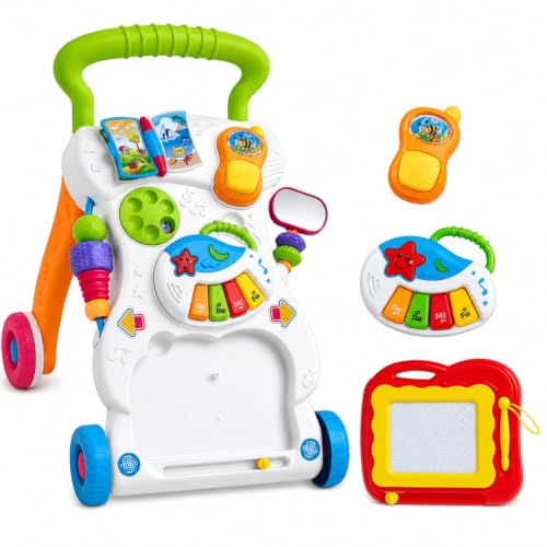 Andador Educativo Musical para Bebê 2 em 1, 12 Meses a 3 Anos | Piano, Lousa Mágica, Telefone, Atividades Interativas, Centro de Atividades para Primeiros Passos