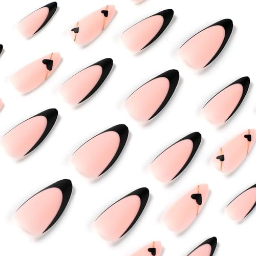 Black French Tip Press on Nails Medium Almond Fake Nails with Black Heart Design Gold Line Stick on Nails Glossy Acrylic Full Cover Glue on Nails Stiletto False Nail For Women Mother's Day Manicure - Image 3