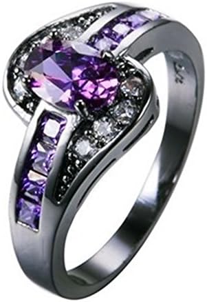 Fortonatori Purple Amethyst Oval Ring Engagement Promise Vintage Cubic Zirconia Black Gold Filled Plated