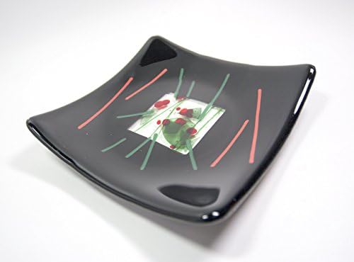 Decorative Black Glass Plate with Green and Red Accents