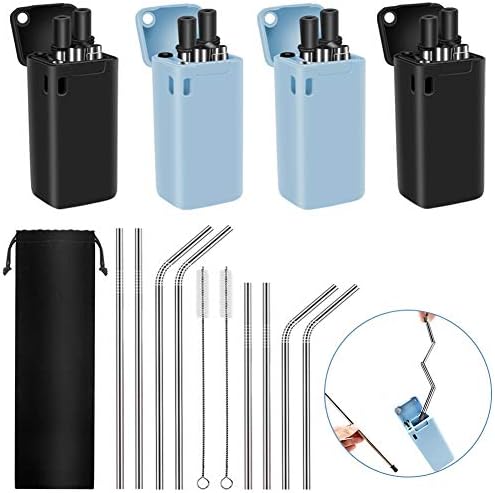 12 Packs Collapsible Reusable Stainless Steel Drinking Straws Set, 4 Foldable Straws with Portable Cases, 8 Dishwasher Safe Long Straws for 30oz 20oz Tumbler Cups, Includes Cleaning Brushes & Pouch