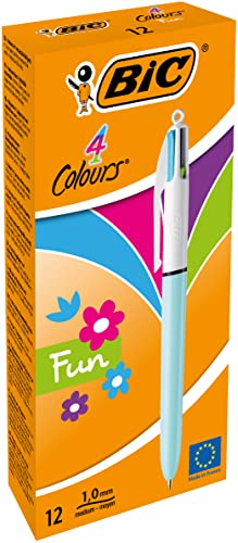 BIC 4 Farben Kugelschreiber Set 4 Colours Fun, Schaft in pastellblau, 12er Pack, Ideal für das Büro, das Home Office oder die Schule