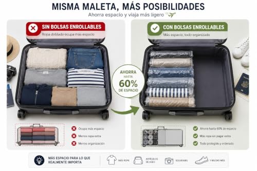 Pack 9 Bolsas al Vacío Enrollables para Ropa 40x60 cm, Bolsas de Compresión para Viaje sin Bomba, Organizador de Maleta y Equipaje, Reutilizables para Ahorrar Espacio en Ropa, Abrigos y Textiles