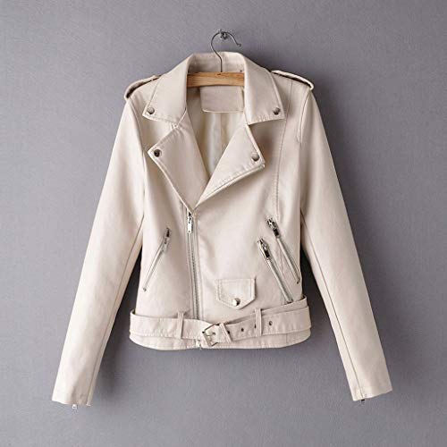 Sunhusing Ladies Fall Solid Color Long-Sleeve Multi-Zipper Pocket Lapel Jacket Button Belt Buckle Short Coat White
