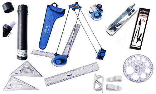 TOPCON Engineering Combo (Premium Mini Drafter, Deluxe Sheet Container, 3 in 1 Drawing Compass, Ruler, Set Square, Pro Circle, 4 Drawing Board Clips) Set of 7 Items