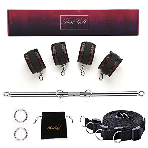 exreizst Adjustable Silver Spreader Bar Set with Leather Straps Set Sports Training (Silver 1)
