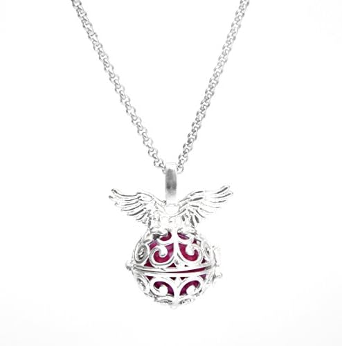 Wing Silver Mexican Bola Harmony Ball Baby Chime Angel Caller Pregnancy Pendant Necklace Women Gifts 30" ( Dark Pink Ball )