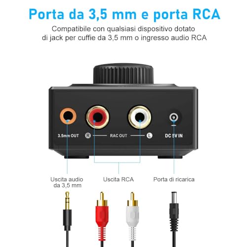 YMOO Bluetooth 5.3 HiFi Audio Receiver for Stereo System, 3.5mm RCA Jack, Wireless Range of 100 Feet, Aux Adapter for Tablet/Smartphone/PC/Laptop/Headphones