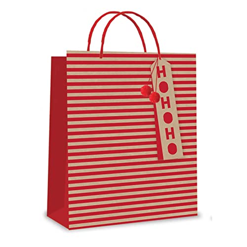 Tallon (7257) Large Size Red Kraft Stripe Pom Pom Gift Bags Xmas Christmas Bags - Pack of 12