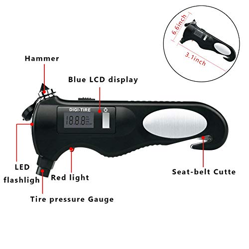 Dr. Prepare 5-in-1 Digital Tire Pressure Gauge with Emergency Rescue Tool Kit Safety Hammer Seatbelt Cutter LED Flashlight SOS Rescue Light for Bike Motorcycle Car Truck SUV (Battery Not Included) - Thumbnail 2