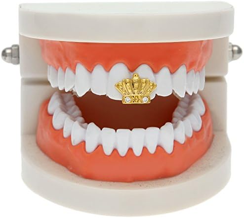 AOVR New 14k Gold Plated Hip Hop Bling Bling Teeth Fangs Grillz Caps Top Grill Rapper Crown Zircon Set