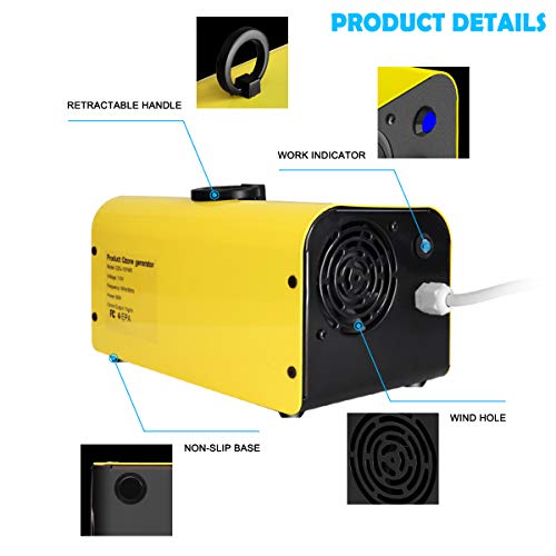 10,000mg Ozone Generator Air Purifier, Elementa Wireless Remote Control Ozone Cleaner, Portable Smart Air Purifier Ionizer O3 Machine for RV Basement Classroom Odor Remover (YELLOW)