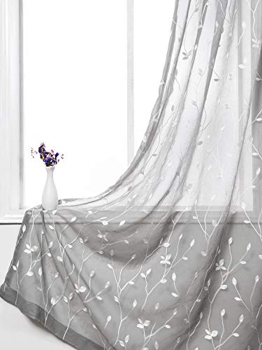AmHoo Floral Leaf Embroidery Semi Sheer Curtain Rod Pocket Voile Sheer Curtains Set of 2 for Living Bedroom Window Treatment (Light Grey, 53 x 84)