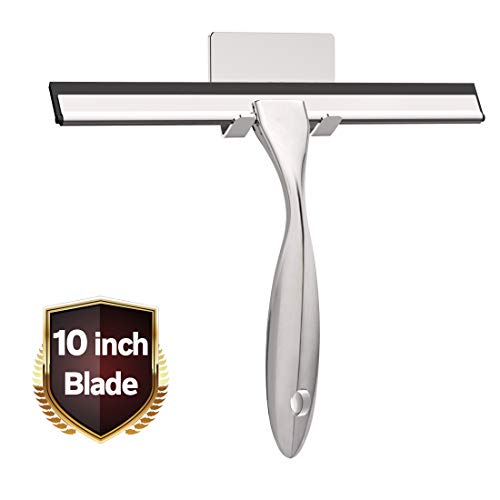 LPOLER Shower Squeegee, All-Purpose Stainless Steel Shower Cleaner for Shower Doors, Bathroom, Window, Mirror and Car Glass, Longer Handle with Hook and Screwdriver (Silver, 10 Inches)