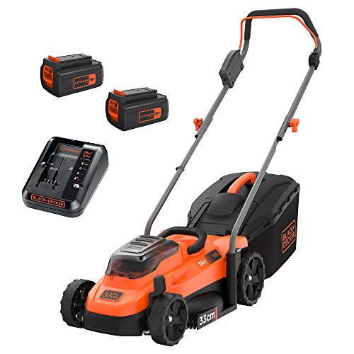 Black+Decker Tondeuse 33 Cm Sans Fil, Tondeuse À Gazon Electrique 36V Livrée Avec 2 Batteries 2,5 Ah, 5 Hauteurs Réglables De 25 À 65 Mm, Fonction Mulching, Idéale Jusqu'À 500M², Bcmw3336L2-Qw