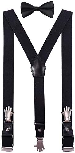 YJDS Men's Boy's Suspenders Y Back and Bow Tie Set Leather with Hand Clips