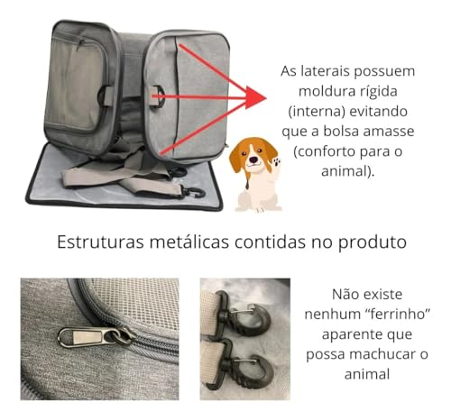 Bolsa de Transporte para Pets Grande em Poliéster com Tela Respirável, Cinza, 45x31x28cm, Aprovada para Avião, com Tapete Almofadado e Alça Ajustável