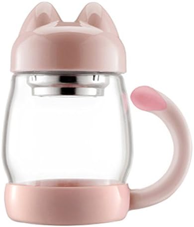 NOVWANG Pink 420ml Glass Water Bottle Tea Beverage Bottle Wide Mouth with Handle,Cute Cat Shaped,Food-Grade PP,Leak Proof