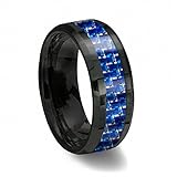 8mm Black Tungsten Ring with Blue & White Line Carbon Fiber Wedding Band Size 6-13 Half Size